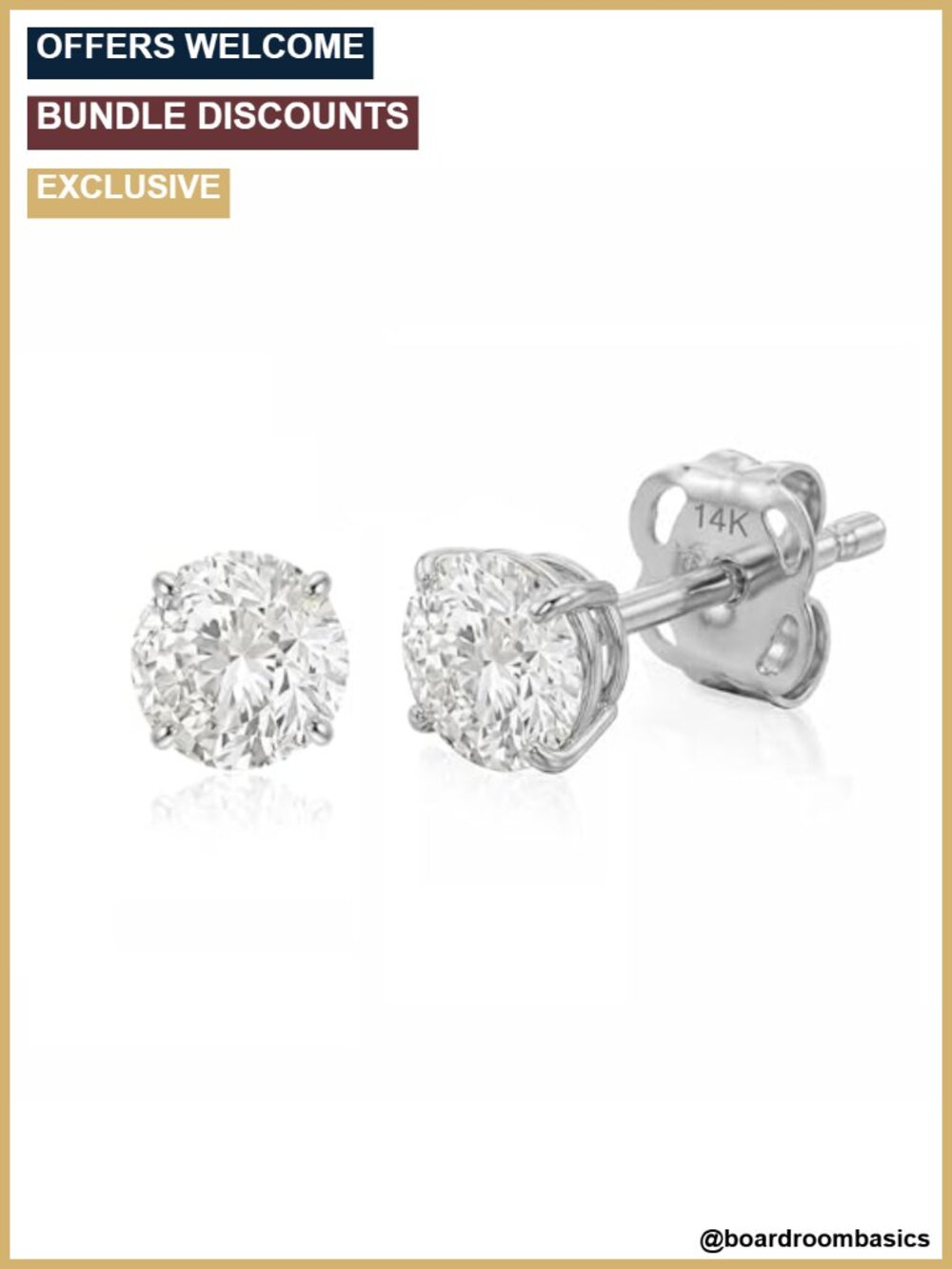 14K Solid White Gold Solitaire CZ Stud Earrings 4mm Butterfly Pushback Unisex